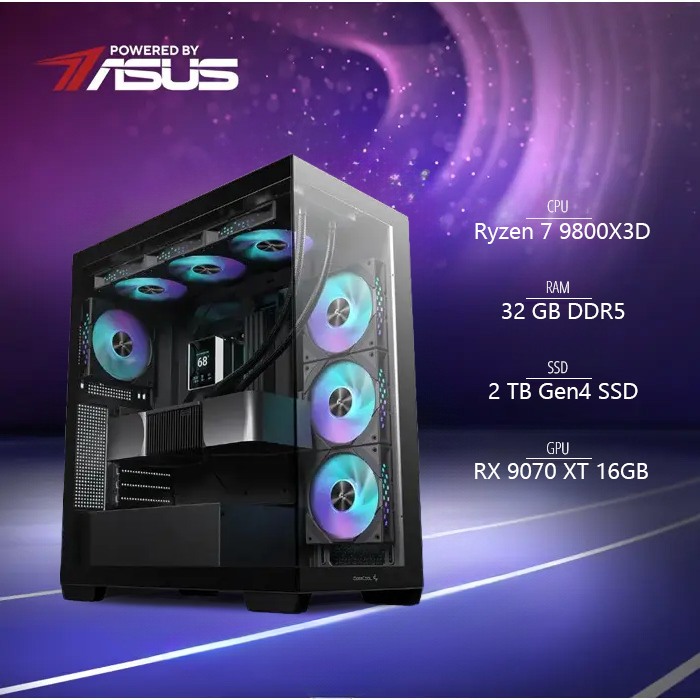 BaB računalo Inferno X (Ryzen 7 9800X3D, Liquid, RX 9070 XT, 32GB DDR5, 2TB SSD, RGB, Win11P, WiFi) Powered By ASUS