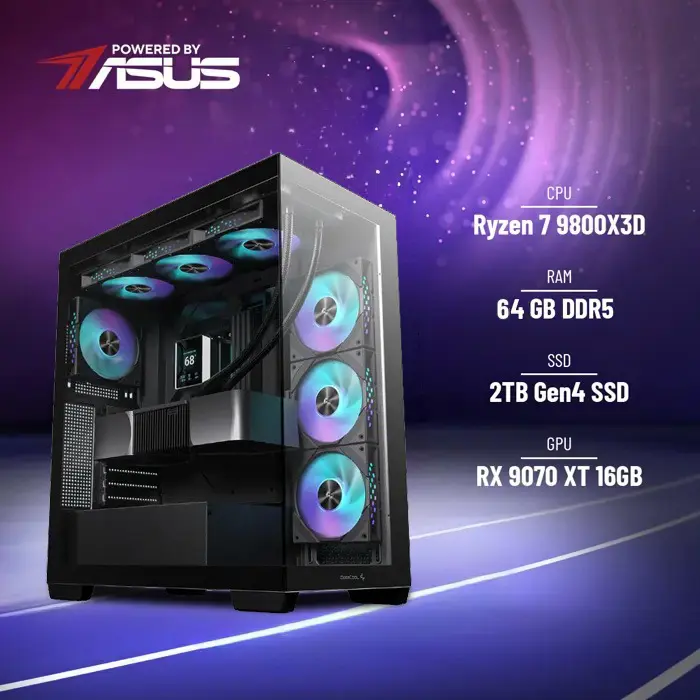 BaB računalo Inferno X (Ryzen 7 9800X3D, Liquid, RX 9070 XT, 64GB DDR5, 2TB SSD, RGB, Win11P, WiFi) Powered By ASUS