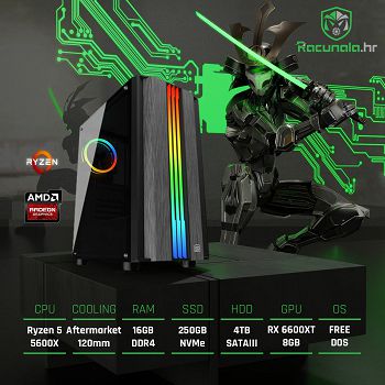 BaB Računalo Samurai R5-RX6600X (Ryzen 5 5600X, 16GB RAM, 250GB NVMe SSD, 4TB HDD, RX 6600 XT 8GB,WiFi) 