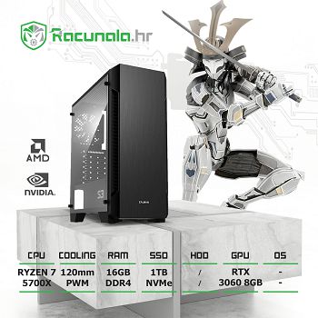 BaB računalo Samurai R73060 (Ryzen 7 5700X, 16GB DDR4 3600, 1TB NVMe SSD, RTX 3060 8GB, 600W, WiFi) noRGB 