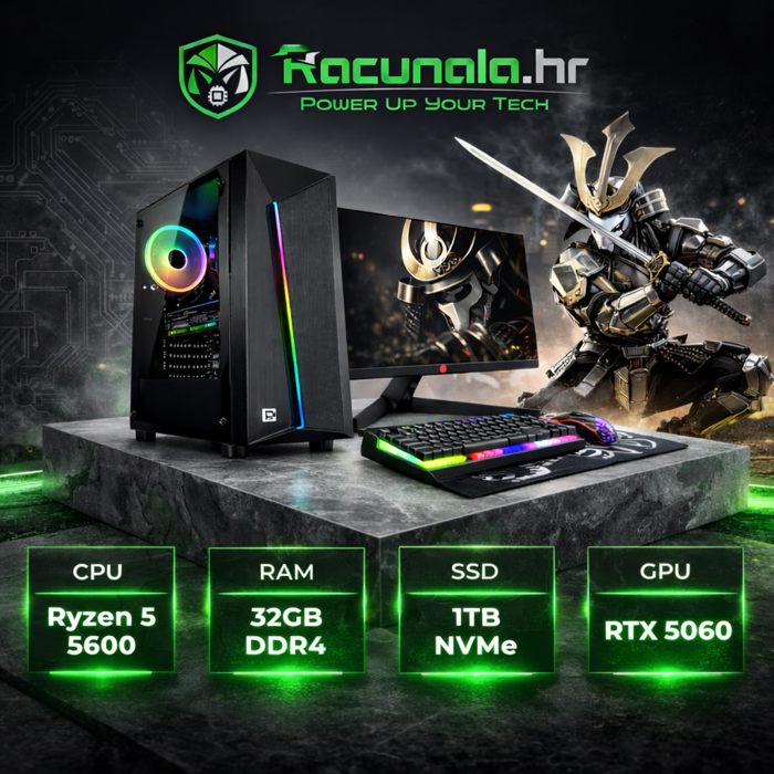 BaB SAMURAI Set – Ryzen 5 5600 / 32GB DDR4 / 1TB NVMe SSD / GeForce RTX 5060 / Windows 11 Pro + Monitor i periferija 
