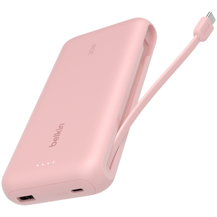 BELKIN 20k PD30W Integrated USB-C Cable Power Bank, Pink