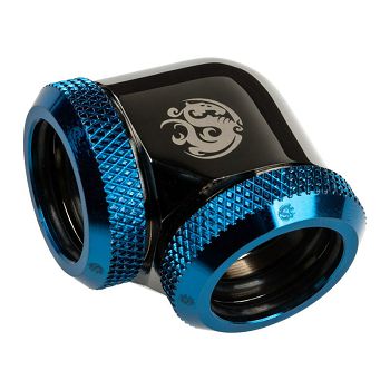 Bitspower Adapter 90 degree 16mm OD hard tube to 16mm OD hard tube - glossy black/blue BP-BSE90DML16-RBL