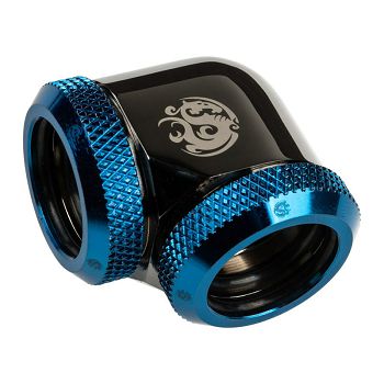 Bitspower Adapter 90 degree 16mm OD hard tube to 16mm OD hard tube - glossy black/blue BP-BSE90DML16-RBL