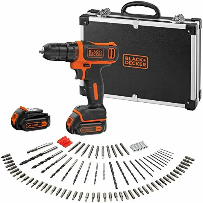 BLACK + DECKER Cordless Drill BDCDD12BAFC, 10,8Volt (black / orange, suitcases, 2x Li-Ion battery 1.5Ah, 100-piece accessory kit)