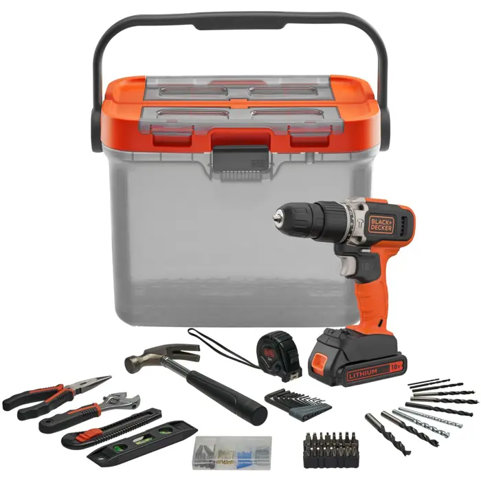 BLACK+DECKER cordless impact drill BCKSB02, 18Volt (orange/black, Li-ion battery 1.5Ah, storage box, 62-piece accessory set)