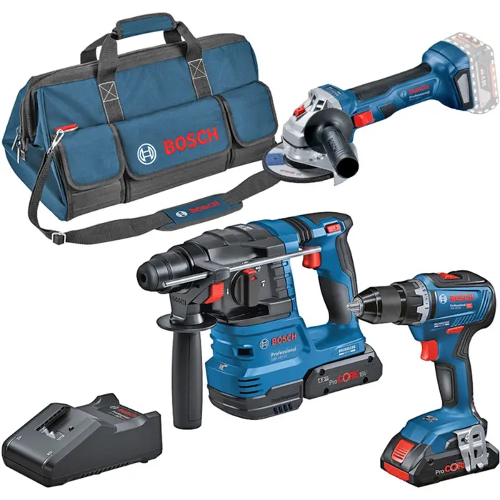 Bosch combination set 18V: GSR 18V-55 + GWS 18V-7 + GBH 18V-22, tool set (blue, 2x battery ProCORE18V 4.0Ah, tool bag)