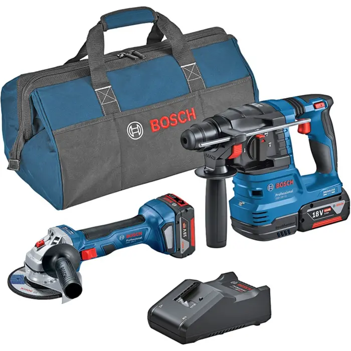 Bosch combo set cordless angle grinder GWS 18V-7 + cordless hammer drill GBH 18V-22, tool set (blue, 2x Li-ion battery 4.0Ah, tool bag)