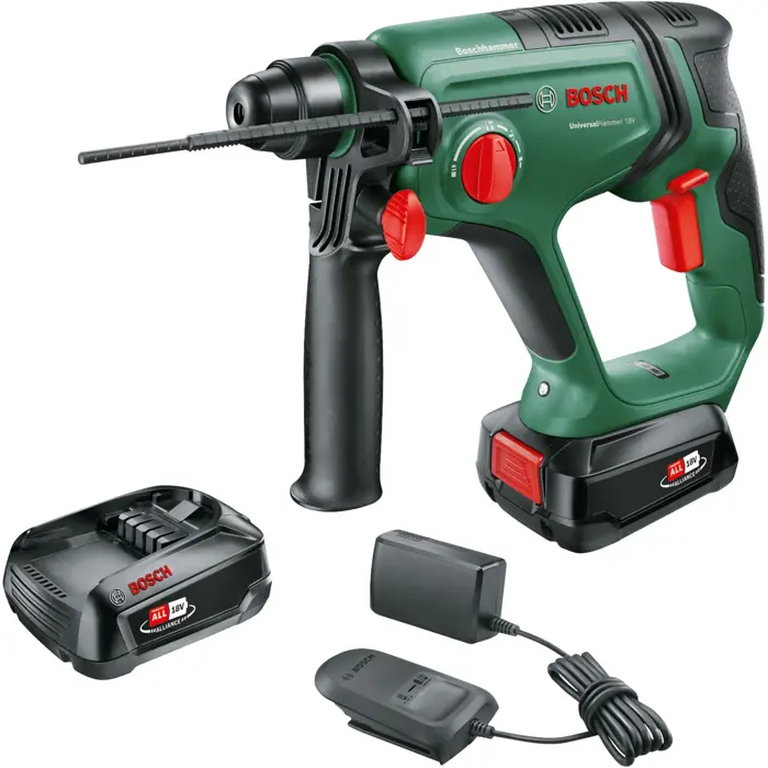 Bosch cordless hammer drill UniversalHammer 18V (green/black, 2x Li-ion battery 2.5Ah, case, POWER FOR ALL ALLIANCE)