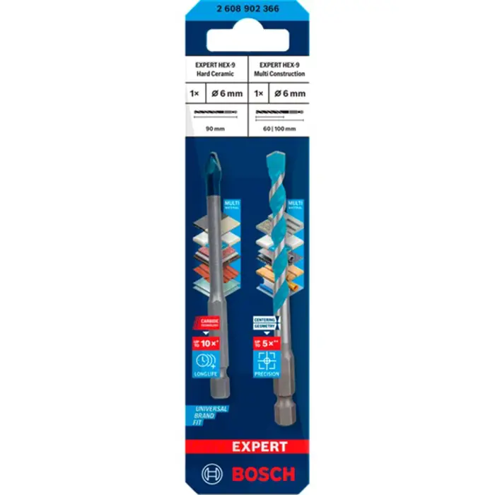 Bosch Expert HEX-9 HardCeramic + HEX-9 MultiConstruction drill bit set, ? 6mm (2-piece)