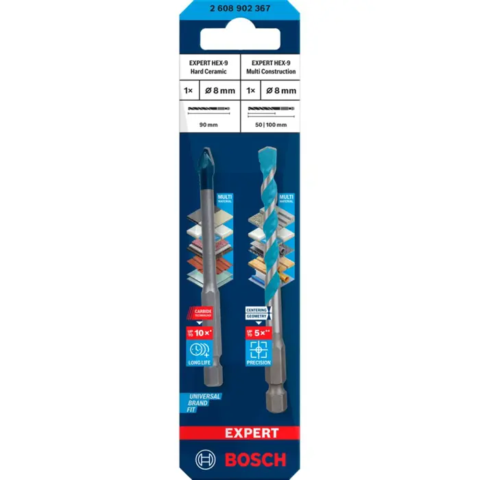 Bosch Expert HEX-9 HardCeramic + HEX-9 MultiConstruction drill bit set, ? 8mm (2-piece)
