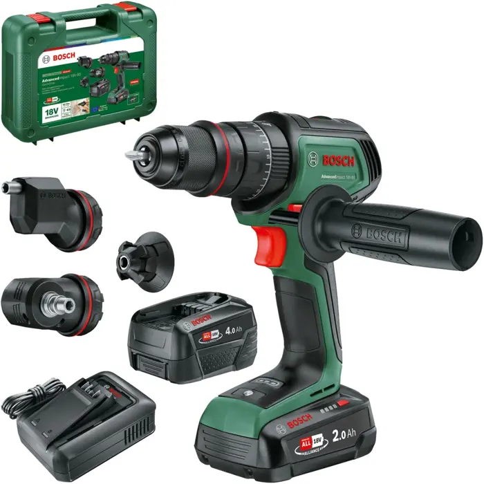 Bosch Powertools cordless combi drill driver AdvancedImpact 18V-80 QuickSnap (green, 2x Li-ion batteries 2.0Ah + 4.0Ah, case, POWER FOR ALL ALLIANCE)