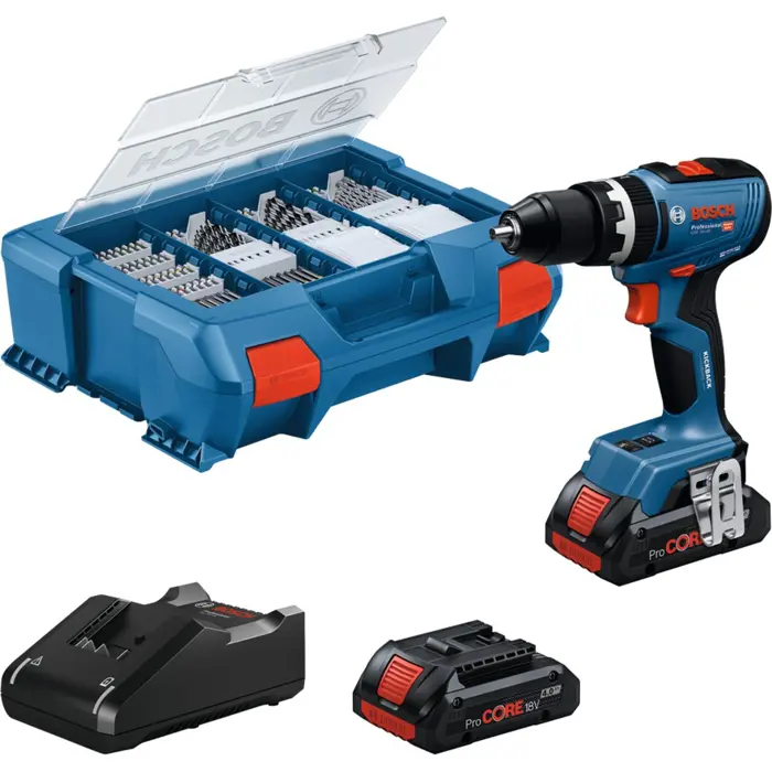 Bosch Powertools cordless impact drill GSB 18V-65 Professional, 18Volt (blue, 2x Li-Ion battery 4.0Ah, 82-piece accessory set in L-case)
