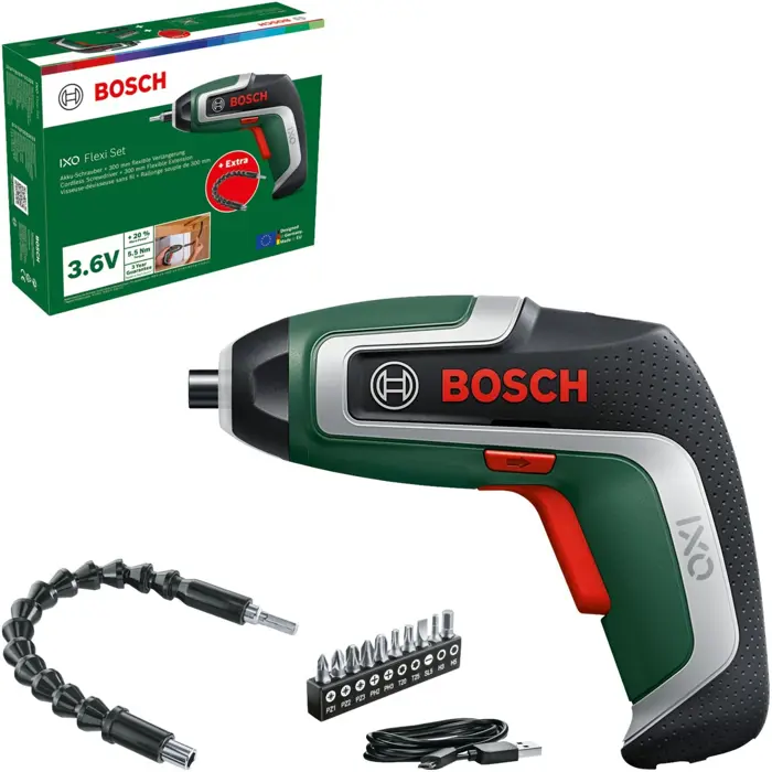Bosch Powertools cordless screwdriver IXO 7 Flexi set 3.6 volts (green/black, Li-ion battery 2.0 Ah, flexible extension 30cm)