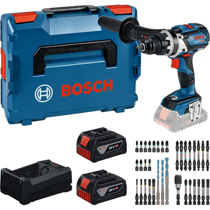Bosch Powertools tool set: cordless drill/driver 18 volts 110 Nm with 2 batteries 5.0 Ah, charger and bit set (boxed)