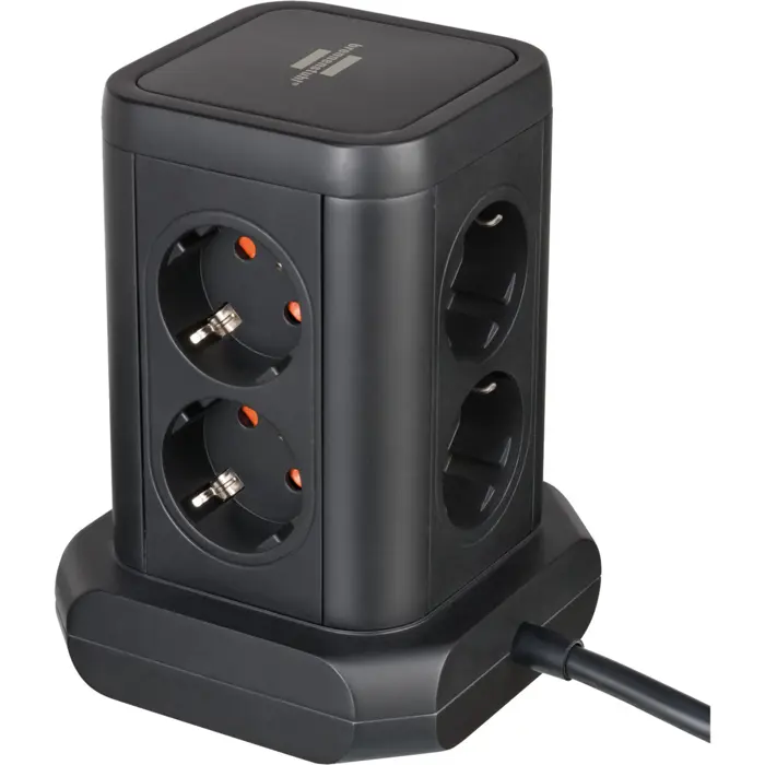 Brennenstuhl 8-way power strip tower, 2x USB-A, 1x USB-C, black power strip, 2 meter cable, with safety switch