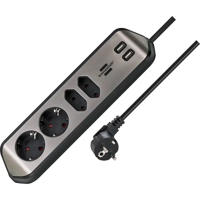 Brennenstuhl estilo corner power strip 4-way (black/stainless steel, 2x USB)