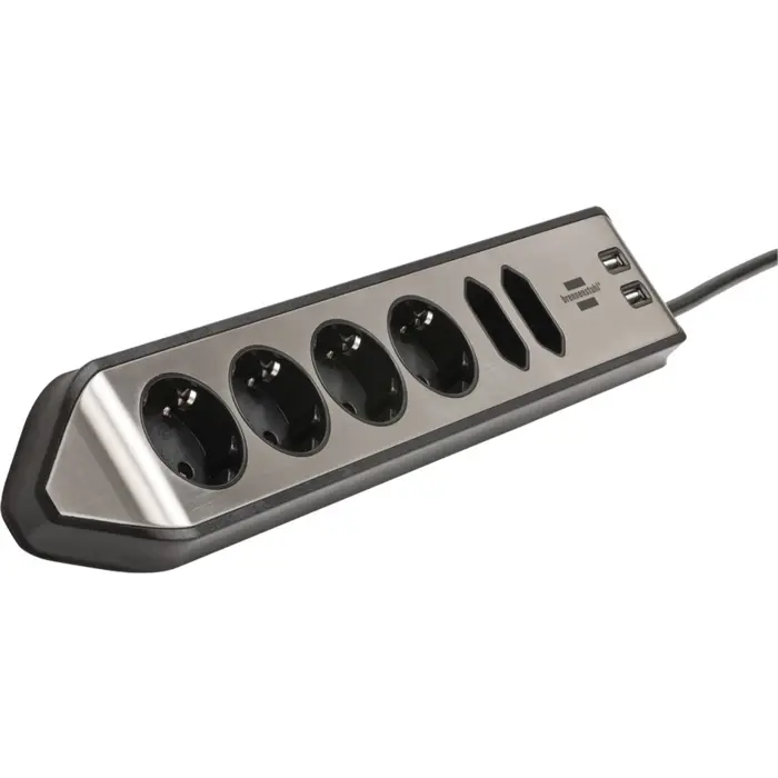 Brennenstuhl estilo corner power strip 6-way (black/stainless steel, 2 meters, 2x USB)
