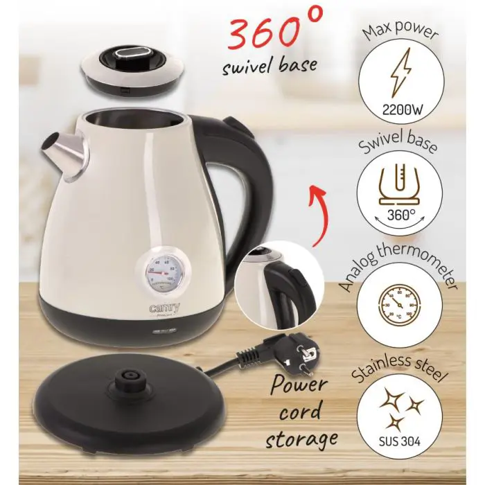 Camry Creme Electric Water Heater with Thermometer 1.7L 2200W CR1344CR