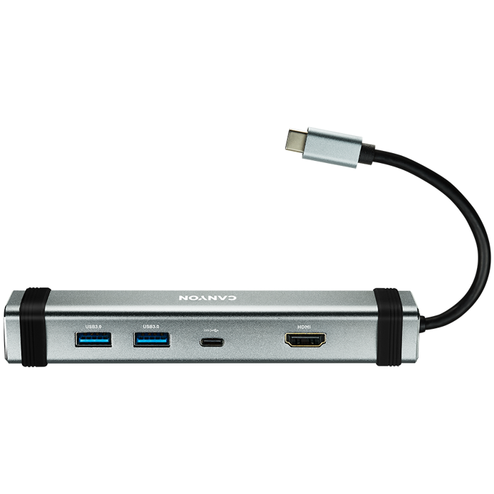 CANYON DS-3 Multiport Docking Station with 4 ports:1*Type C male+1*Type C female+2*USB3.0+1*HDMI, Input 100-240V, Output USB-C PD 5-20V/3A&USB-A 5V/1A, cabel 0.12m, Space grey, 150.8*33.7*24mm, 0.112k