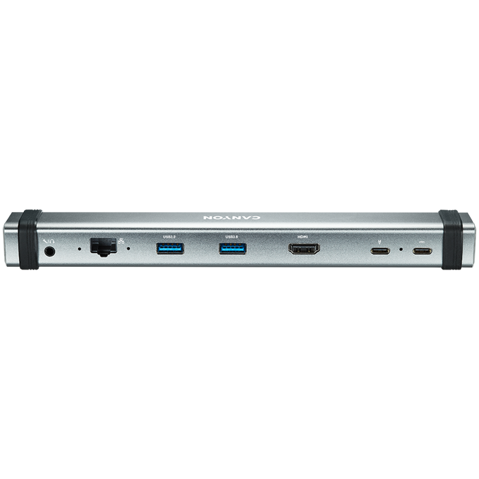 CANYON DS-6 Multiport Docking Station with 7 ports: 2*Type C+1*HDMI+2*USB3.0+1*RJ45+1*audio 3.5mm, Input 100-240V, Output USB-C PD 5-20V/3A&USB-A 5V/1A, with type c to type c cabel 0.3m, Space gray, 2