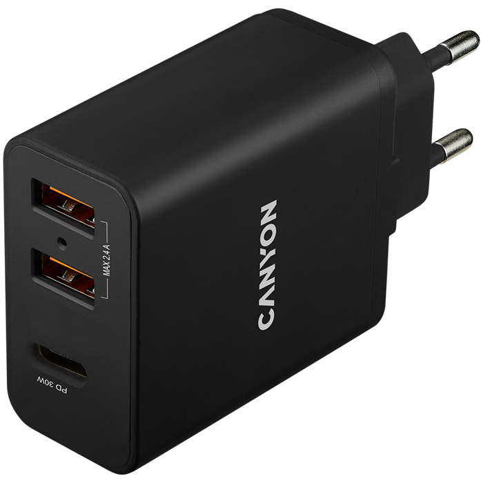 CANYON H-08, Universal 3xUSB AC charger (in wall) with over-voltage protection(1 USB-C with PD Quick Charger), Input 100V-240V, Output USB-A/5V-2.4A+USB-C/PD30W, with Smart IC, Black Glossy Color+oran