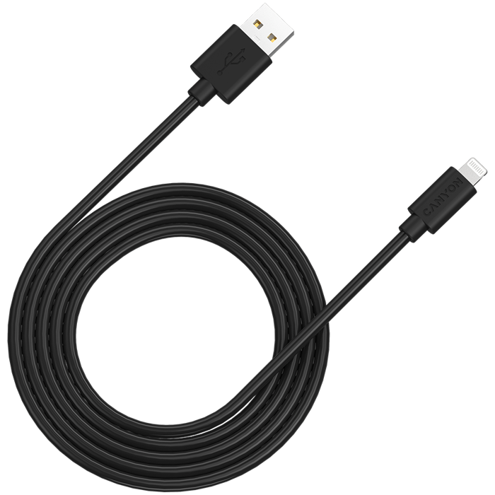 CANYON MFI-12, Lightning USB Cable for Apple (C48), round, PVC, 2M, OD:4.0mm, Power+signal wire: 21AWG*2C+28AWG*2C,  Data transfer speed:26MB/s, Black.  With shield , with CANYON logo and CANYON packa