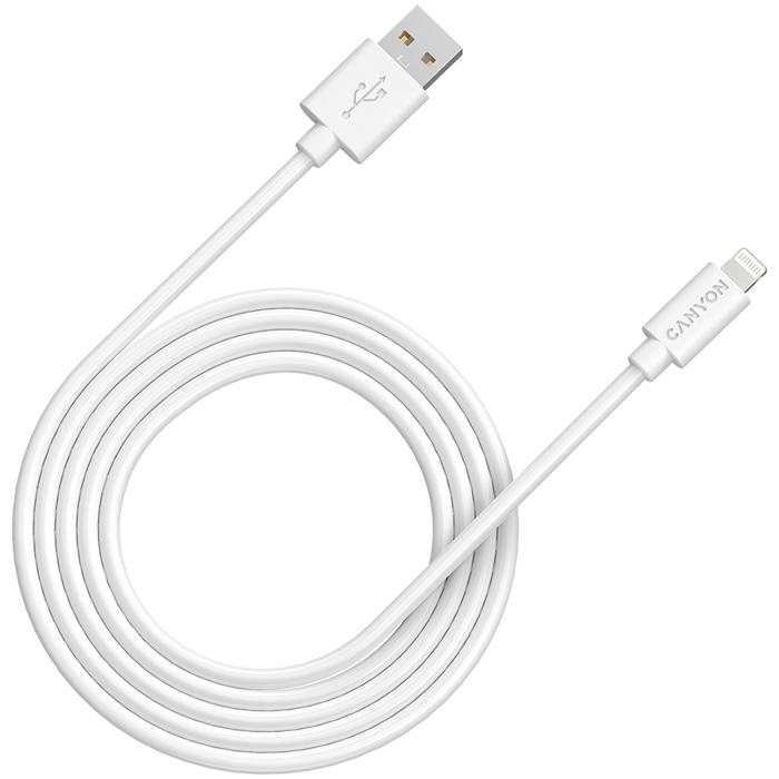 CANYON MFI-12, Lightning USB Cable for Apple , round, PVC, 2M, OD:4.0mm, Power+signal wire: 21AWG*2C+28AWG*2C,  Data transfer speed:26MB/s, White.  With shield , with CANYON logo and CANYON package.  
