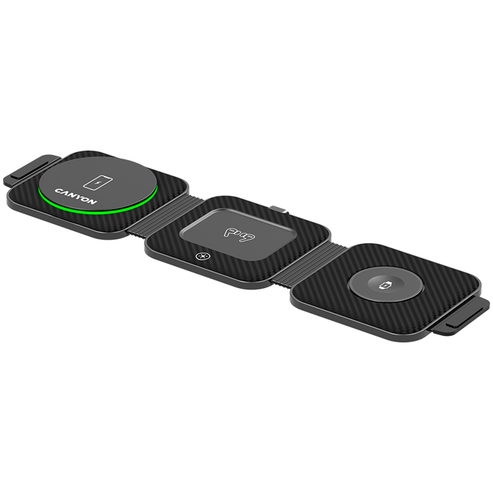 CANYON WS-305, Foldable 3in1 Wireless charger with case, touch button for Running water light, Input 9V/2A,  12V/1.5AOutput 15W/10W/7.5W/5W, Type c to USB-A cable length 1.2m, with charger QC 18W EU p