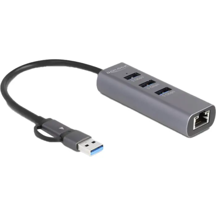 DeLOCK 3 Port USB 5 Gbps Hub + Gigabit LAN with USB Type-C, Docking Station (grey)