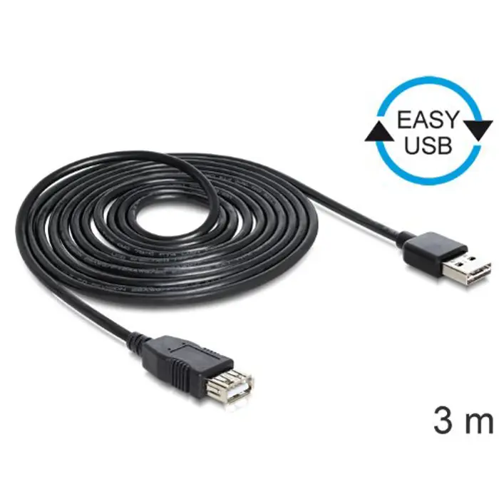 DeLOCK EASY USB2.0 A Plug/Socket - black 3m