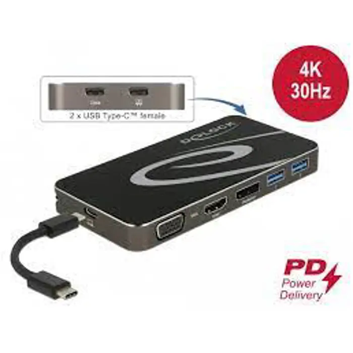 DeLOCK USB Type-C 3.2 docking station (black, 4K HDMI + DP, VGA, USB hub and PD 3.0)
