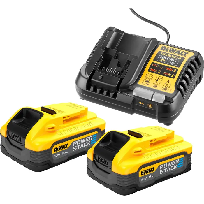 DEWALT Powerstack Battery Starter Kit DCB1104H2, incl. 2x 18V batteries, yellow/black set, 18V 5Ah, DCB1104 fast charger