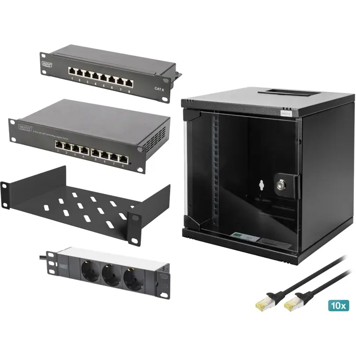 Digitus network set 254 mm (10") - 6HE, 312 x 300 mm (W x D), IT cabinet (black, incl. 6HE wall housing, shelf, PDU, 8-port switch, CAT 6 patch panel