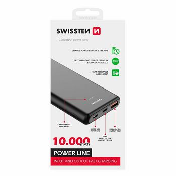 Dodatna baterija - Power Bank SWISSTEN 10000mAh, QC 3.0, USB-C, crna