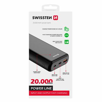 Dodatna baterija - Power Bank SWISSTEN 20000mAh, QC 3.0, USB-C, crna