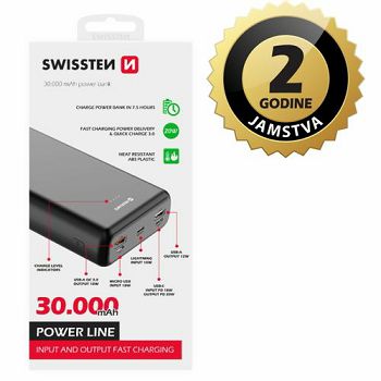 Dodatna baterija - Power Bank SWISSTEN 30000mAh, 20W, PD, QC, svi utori, crna