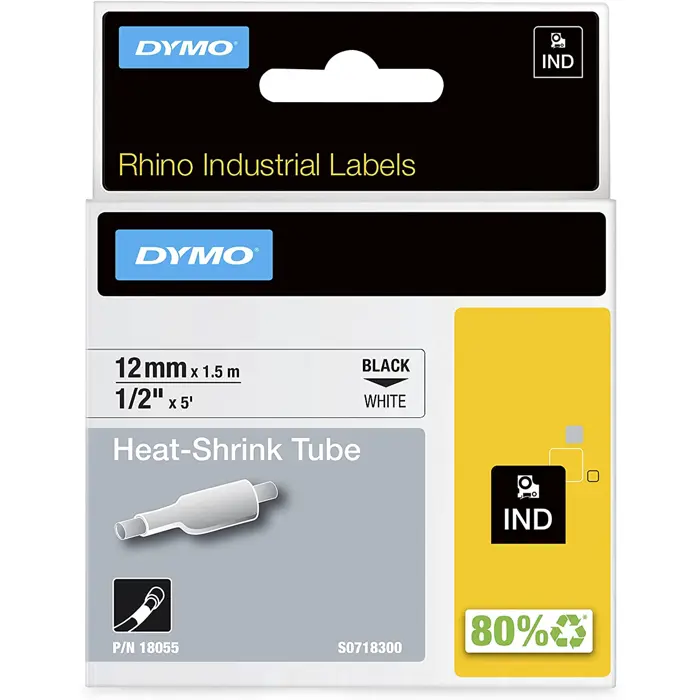 Dymo Rhino IND ORIGINAL heat shrink tubing 12mm x 1.5m, black on white, label heat shrink tubing (for diameter 2.97-5.13mm, 18055)