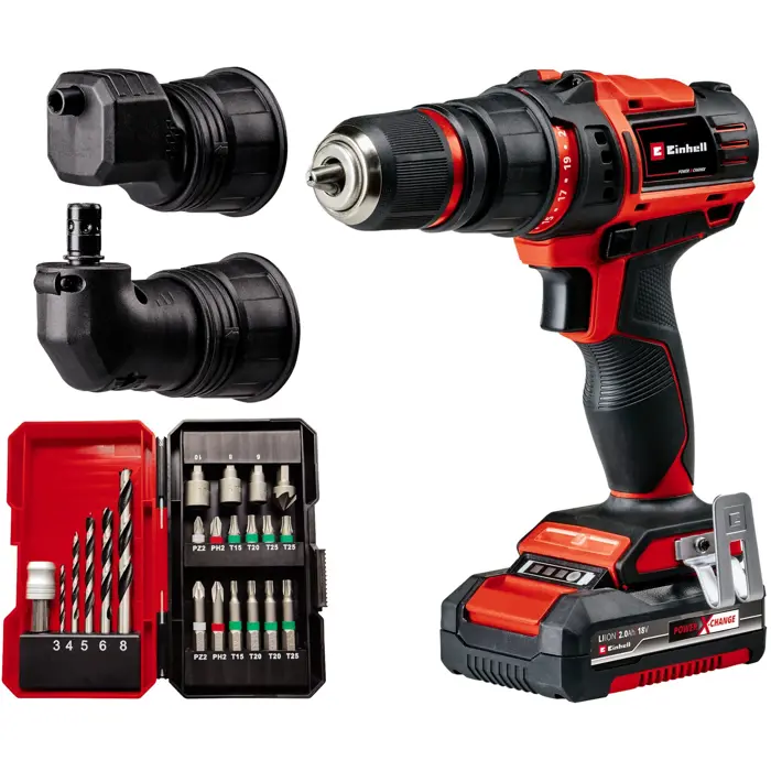 Einhell Cordless Drill Set TE-CD 18/45 3X-Li +22, 18V (red/black, Li-Ion battery 2.0Ah, 22-piece accessories)
