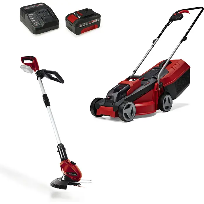 Einhell Cordless Lawn Mower Set GE-CM 18/30 + Grass Trimmer GE-CT 18 (red/black, Li-ion battery 4.0Ah)