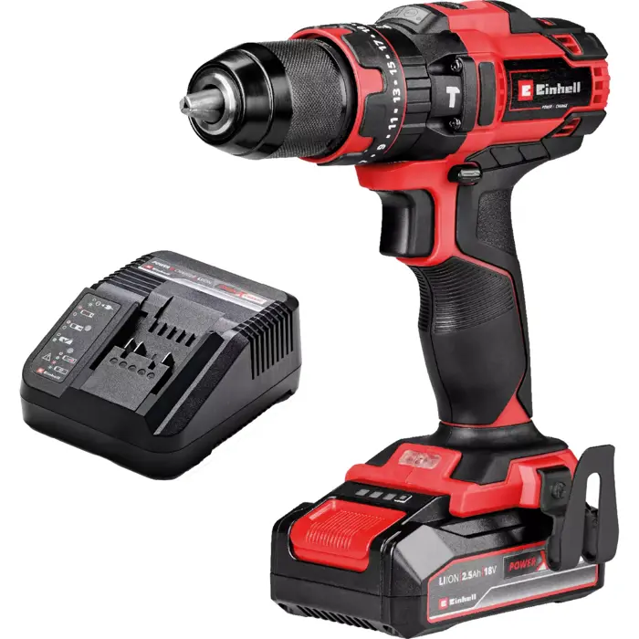 EINHELL Power X-Change cordless impact drill TE-CD 18/44 Li-i, 18 Volt black/red, Li-Ion battery 2.5 Ah