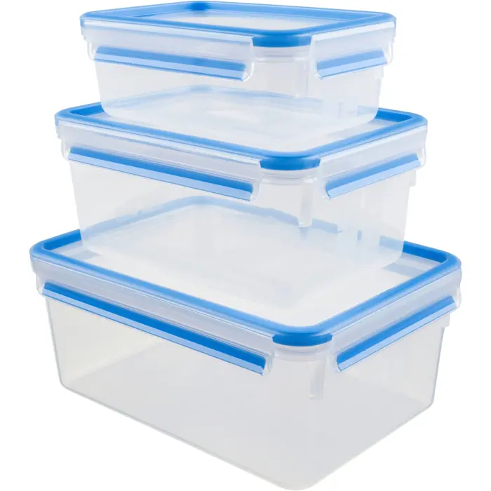 Emsa CLIP & CLOSE food storage container set, 3-piece (transparent/blue, rectangular, 3 containers + 3 lids)