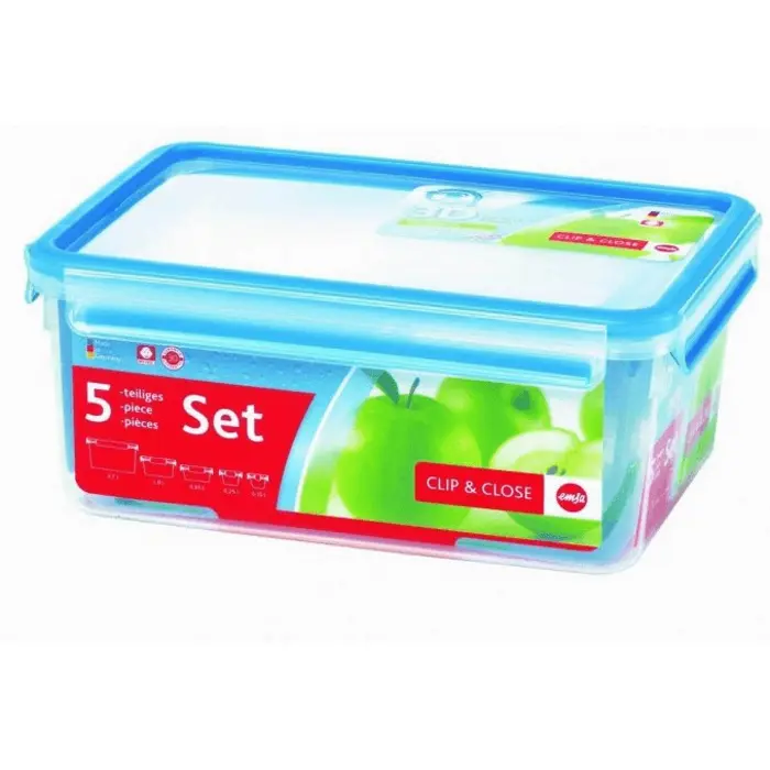 Emsa CLIP & CLOSE food storage container set, 5 pieces (transparent/blue, 4 rectangular, 1 round container + 5 lids)