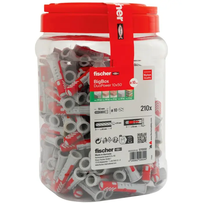 Fischer dowel DUOPOWER 10x50 BigBox (light grey/red, 210 pieces, resealable can)