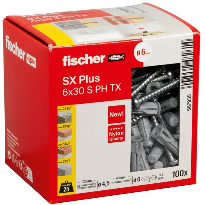 fischer dowel SX Plus 6x30 PH TX (light grey, 100 pieces, with TORX screw)