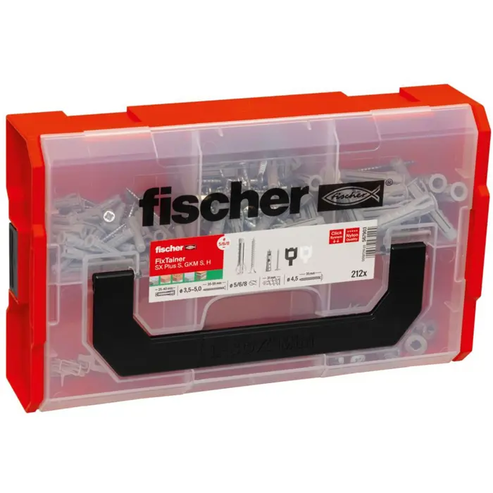 fischer FixTainer SX Plus dowel and screw box (light grey, 212 pieces, with screws and hooks)