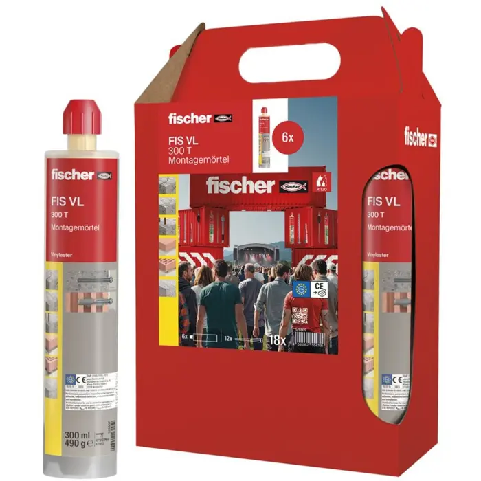 fischer injection mortar FIS VL 300 T six-pack grey, 6 cartridges of 300ml each