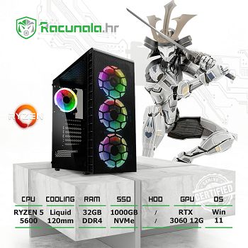 GamingPC Warrior R5323060 (Ryzen 5 5600, Vodeno, 32GB DDR4, 1TB NVMe, NVidia RTX3060 12GB, 650W) Win11P