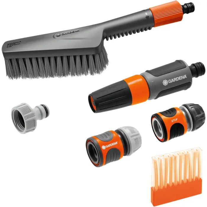 GARDENA Cleansystem basic equipment with hand brush S soft, washing brush (grey/orange, incl. 10 soap sticks, cleaning syringe, connector)