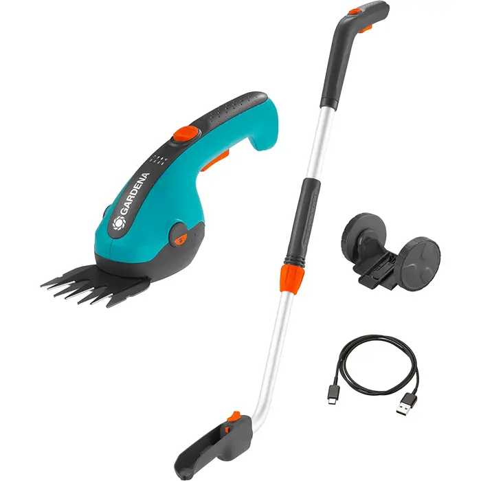 GARDENA Cordless Grass Shears ClassicCut Li Set, 3.6V (turquoise/black, Li-Ion battery 2.5Ah, with telescopic handle and wheels)